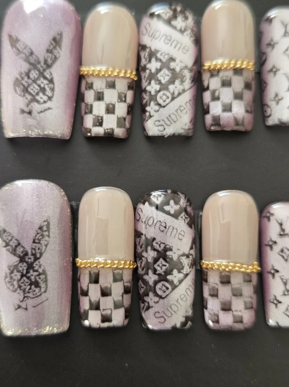 Luxury Pink Glitter Press-On Nails with Gold Accent Chain